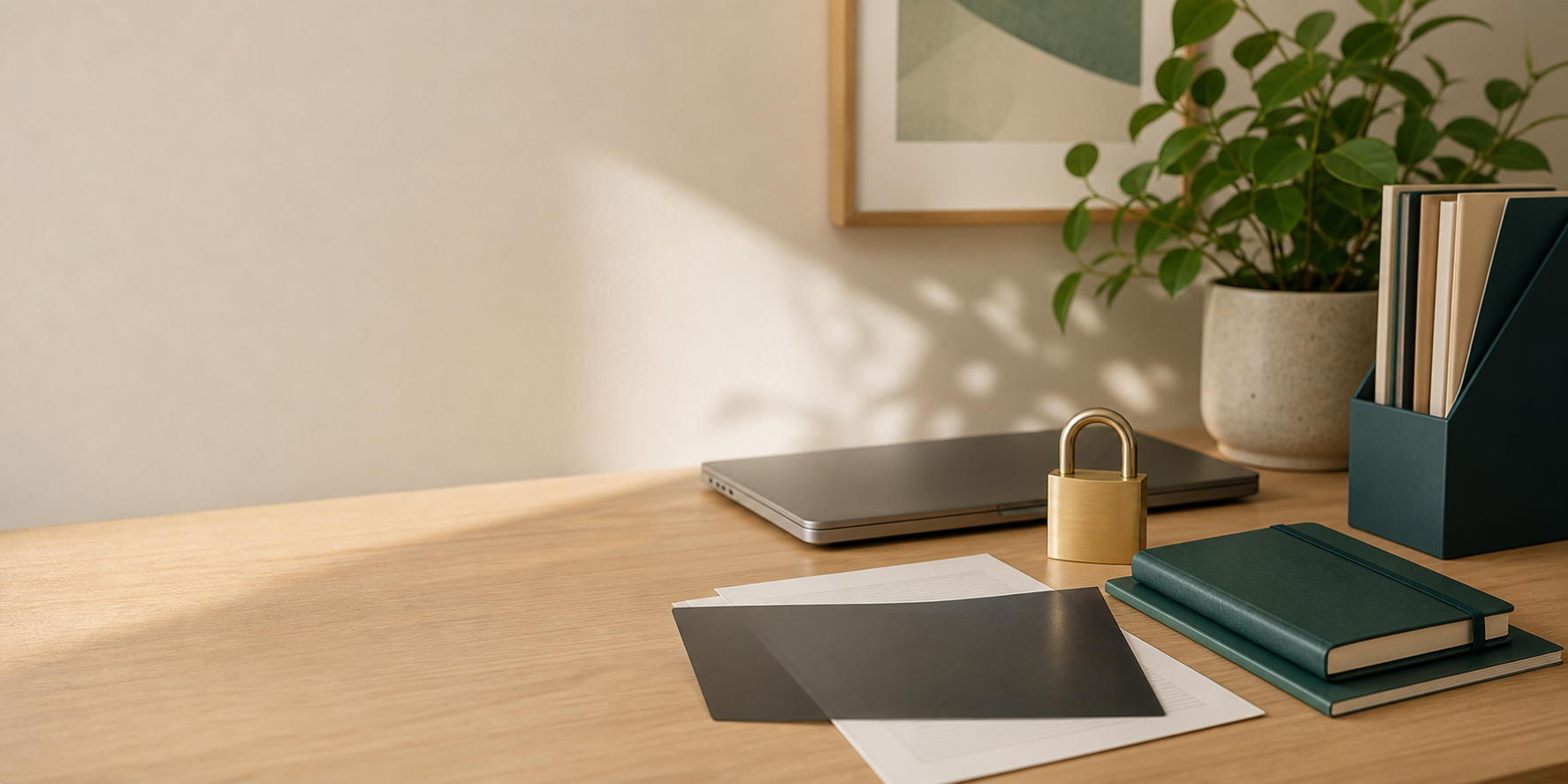 Warm desk scene with privacy and data-security items