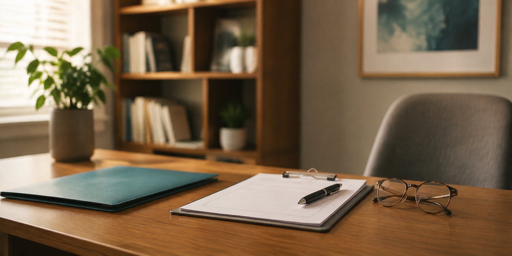 Warm medical practice desk with organized documents representing website terms of use